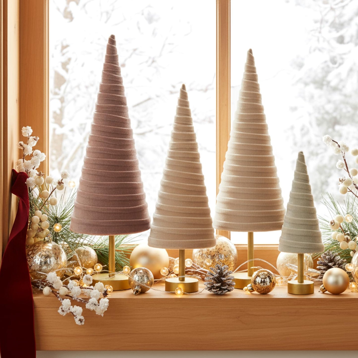 Hoolerry 4 Pcs Christmas Velvet Trees with Gold Pedestal Modern Rustic Christmas Velvet Cone Trees Minimalist for Mantel Table Centerpiece Entryway Home Winter Holiday Wedding Decor(Nude Tone)