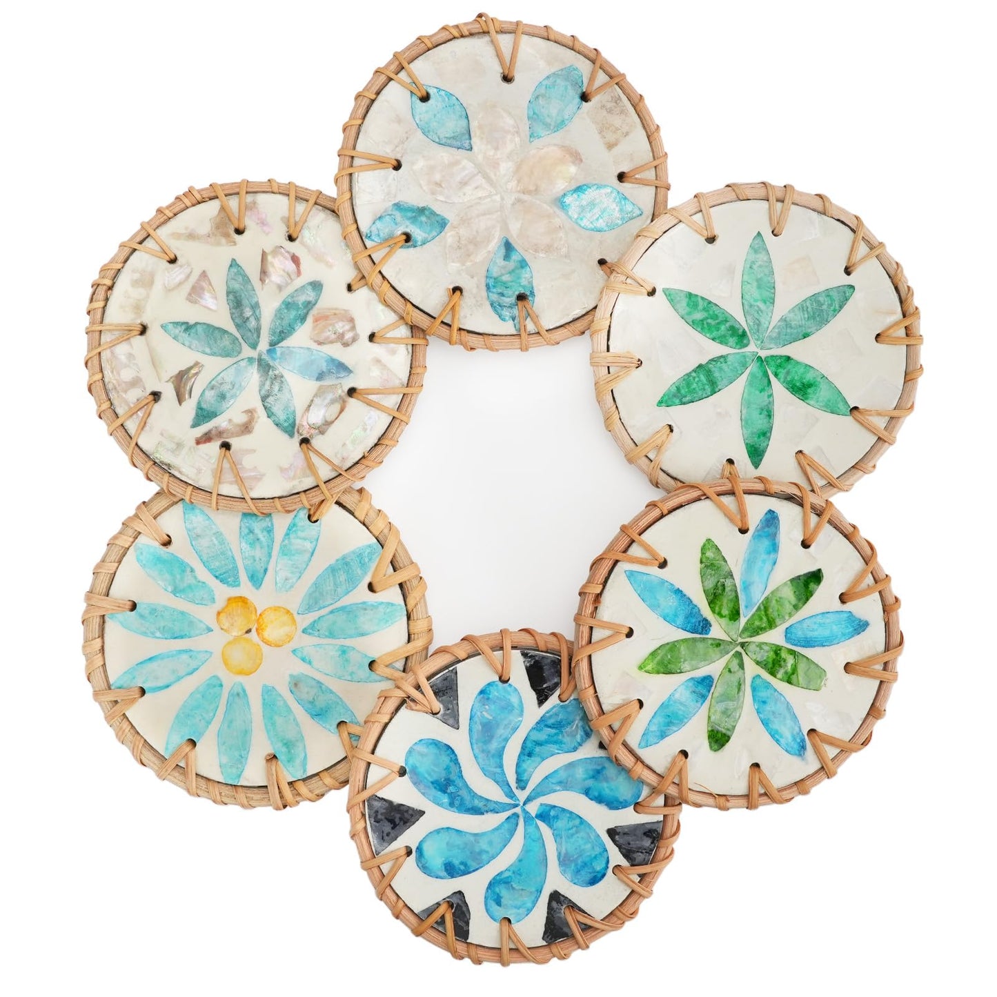 HAIJSEVR Coasters Set of 6, Boho Rattan and Mother of Pearl Unique Drink Coasters for Coffee Table, Ideas Handmade Aesthetic Home Wall Decor House Warming Gift for New Home