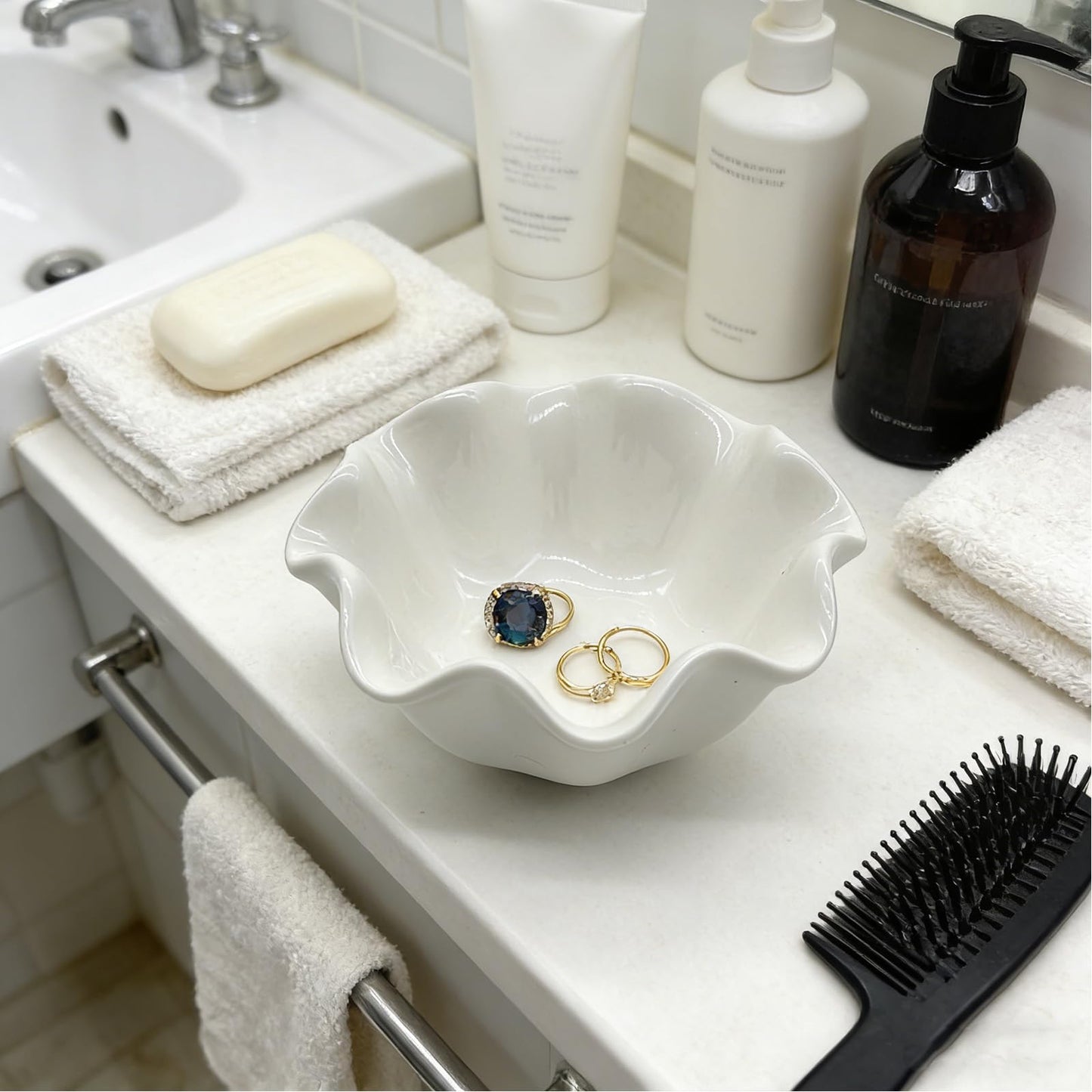 BROSEBEAQ Small Jewelry Tray, Ceramic Lotus Ring Dish, 3.5", White, Vanity Ring Holder, Trinket Dish (White)