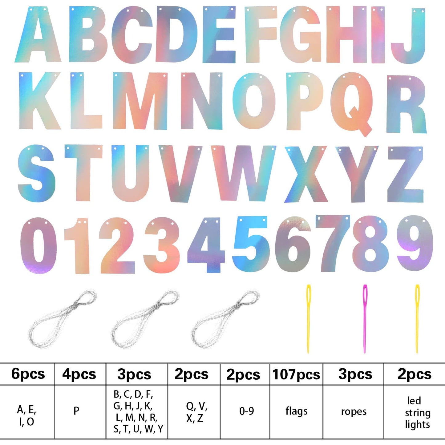 TaoBary 112 Pcs DIY Letter Kit Glitter Customizable Banner Letters Include 107 Letters and Numbers 3 Rope and 2 Needles for Birthday Halloween Christmas Wedding Valentine Party Decor(Holographic)