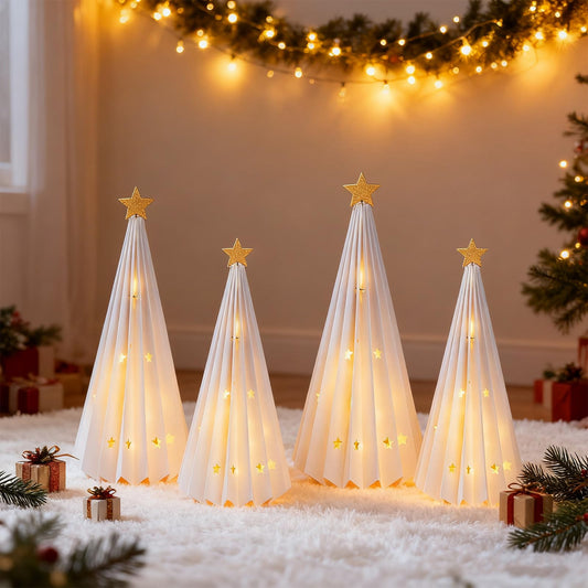 OBBOLO 4 Pcs White Paper Christmas Trees, Holiday Centerpiece Decorations with Star Designs, Foldable Tabletop Décor for Xmas Party & Winter Home Styling