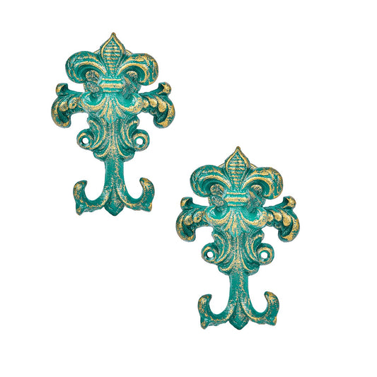 Sungmor Decorative Cast Iron Wall Hooks, Set of 2 Vintage Coat Hooks Farmhouse Key Holder, Large Coat Hanger Towel Rack, Antique Green Wall Mounted Hooks for Hanging Keys, Robes, Hats, Dog Leashes