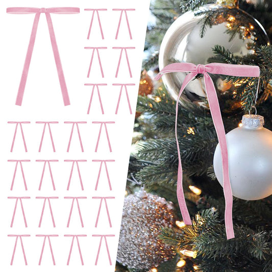 SIMISI RIBBON 24Pcs Pink Christmas Velvet Ribbon Bows Decorations Xmas Ornaments Vintage Decor for Tree, Wreath, Garland (3/8'' Width, 5 * 7 inch)