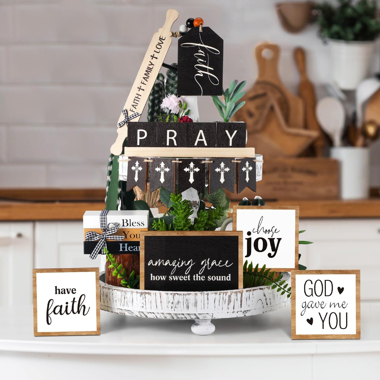 Tatuo 13 Pcs Easter Tiered Tray Decor Set Religious Wooden Table Decor Faith Christian Easter Centerpieces Decorations Rustic Farmhouse Pray Cross Wood Block Signs for Home Church Tabletop