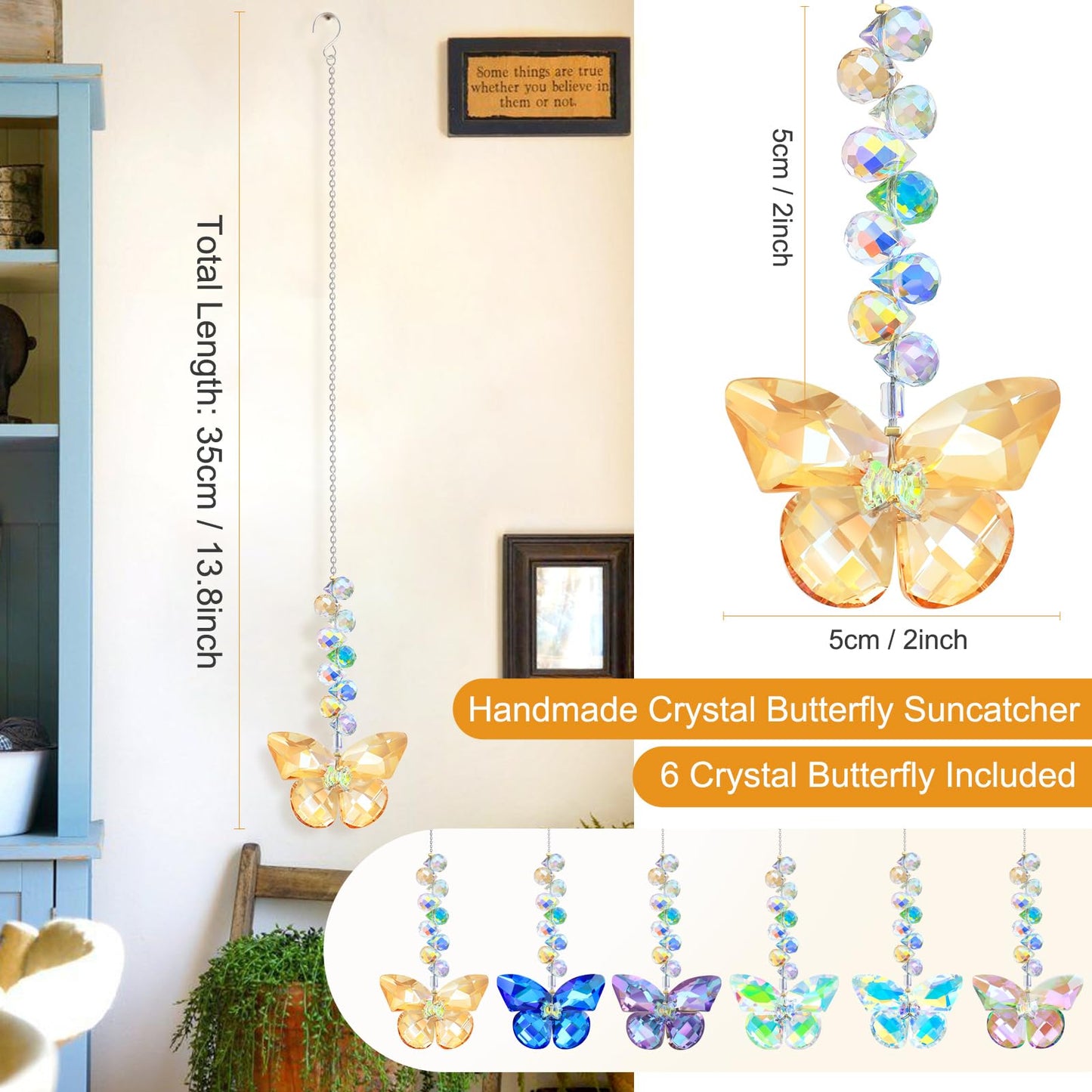 LUMITI 6pcs Crystal Butterfly Suncatchers Hanging Ornaments, Rainbow Maker Sun Catchers Indoor Window Outdoor Patio Garden Decor Gifts (Butterfly)