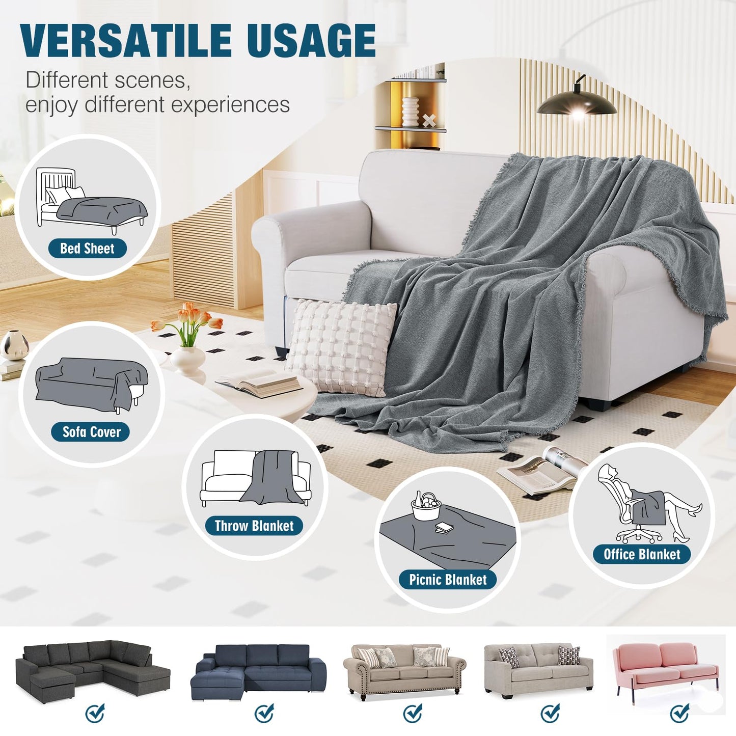 KinCam Couch Covers for 3 Cushion Couch Sofa Cover Washable Sectional Couch Cover for Dogs Tassel Sofa Blanket Cover Pet Friendly Soft and Durable for Most Furniture(71" x 134", Grey)