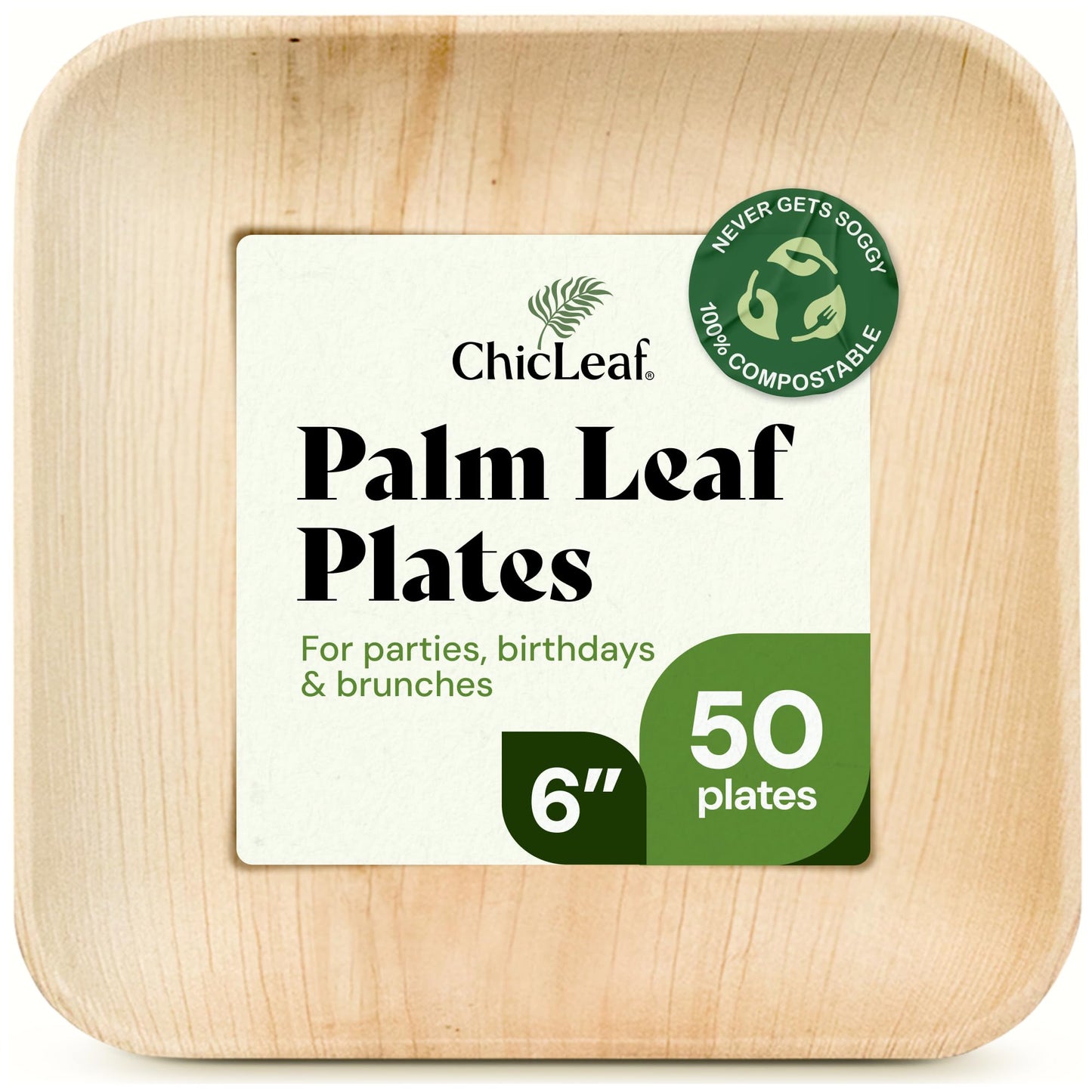 Chic Leaf Palm Leaf Compostable Plates - 6" Square, Pack of 50 - Disposable Dinnerware for your Table, Rustic Bamboo Appetizer Plates - Summer Dinner, Charcuterie Boards & Biodegradable Serviceware