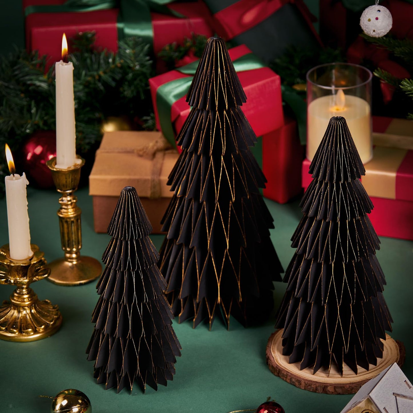 SUNBEAUTY 3PCS Black and Gold Honeycomb Paper Christmas Tree, 3D Christmas Tree Table Centerpiece with Magnetic Attachment,Christmas Winter Newyear Party Holiday Home Decor