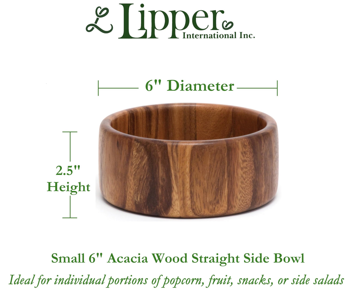 Lipper International Acacia Straight-Side Serving Bowl for Fruits or Salads, Small, 6" Diameter x 2.5" Height, Single Bowl, 29.59 fluid ounces