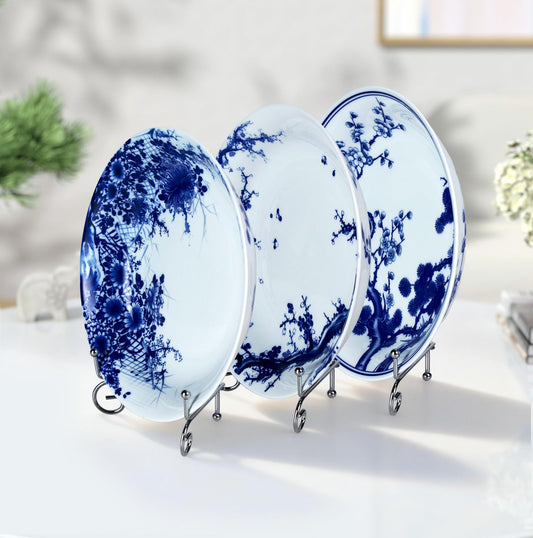 KAMMAK Decorative Plates for Display, White and Blue Ceramic Plate Decor with Stand, Handmade Art Porcelain Ornament for Table, Living Room, Kitchen, Office, Perfect 8in Chinese Style Dish Gift（954N）
