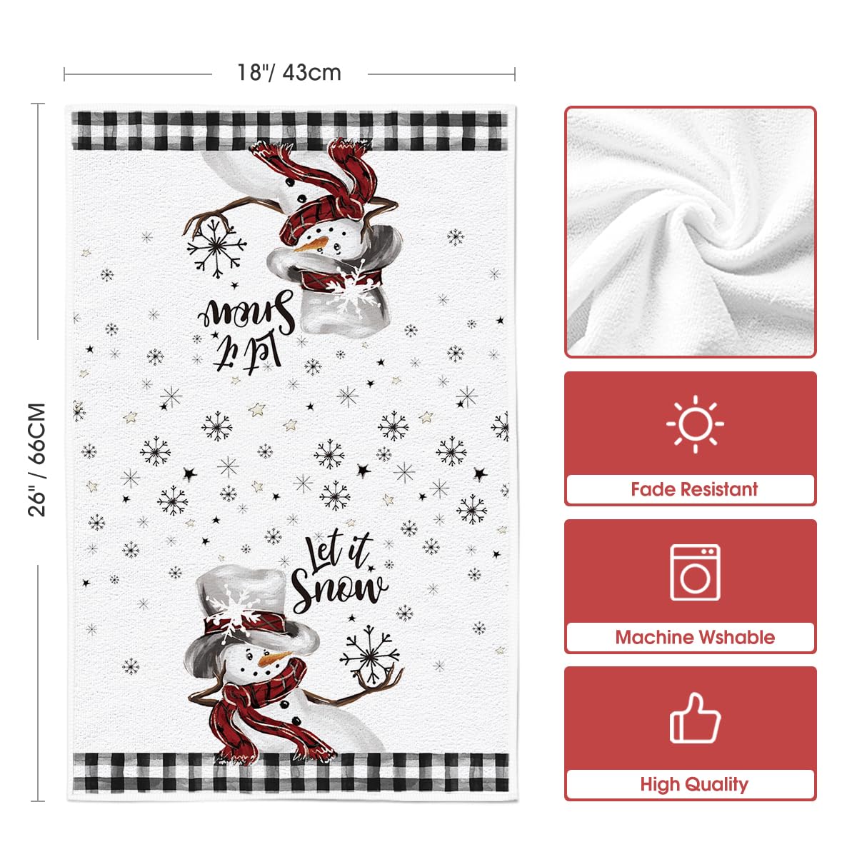 Artoid Mode Buffalo Plaid Snowman Let It Snow Winter Kitchen Towels Dish Towels, 18x26 Inch Daily Seasonal Christmas Decoration Hand Towels Set of 2