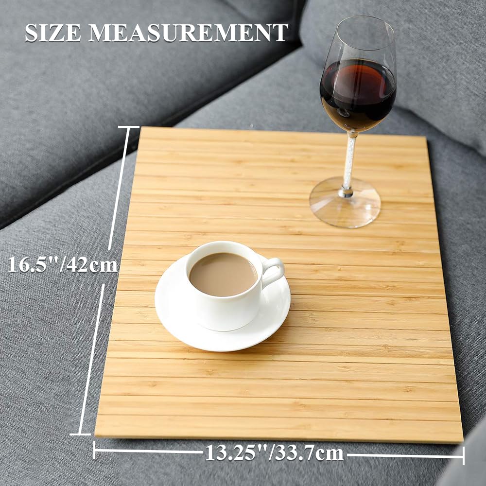 GEHE Sofa Arm Tray Table - Flexible/Foldable Couch Arm Table Perfect for Drink & Snacks Great Armrest Tray (16.5" L x 13.25" W x 0.35" H, Natural Bamboo)