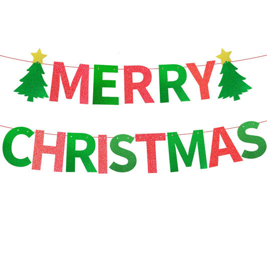 Merry Christmas Party Banner, Glitter Red and Green Letter Garland with Christmas Tree Cutouts, Fun Wall Hanging Decoration for Holiday Office Home Party Supplies, and Xmas Festival Decor