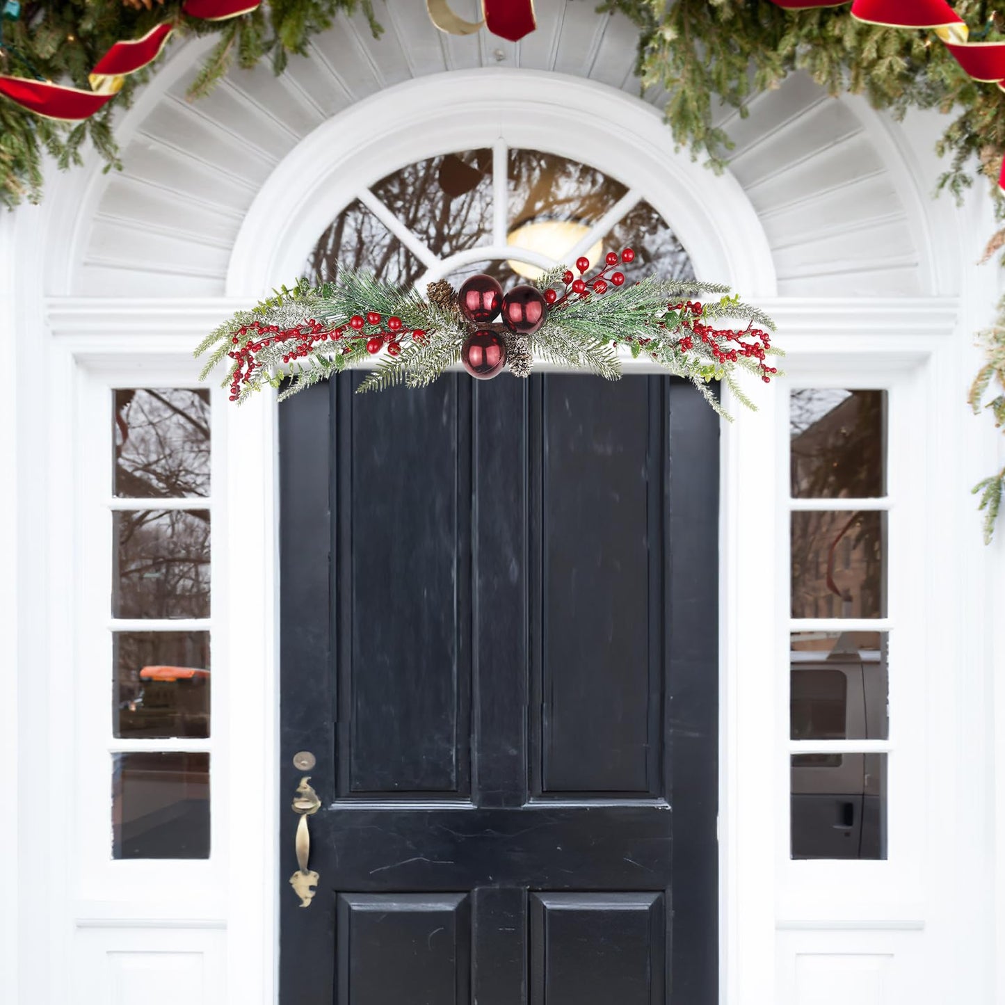 CISDUEO Christmas Decoration Floral Greenery with Berries and Christmas Balls Red Pinecone 27.55 Inch Wreath Xmas Door Swag for Front Door Festival Decor Wall Arch Window