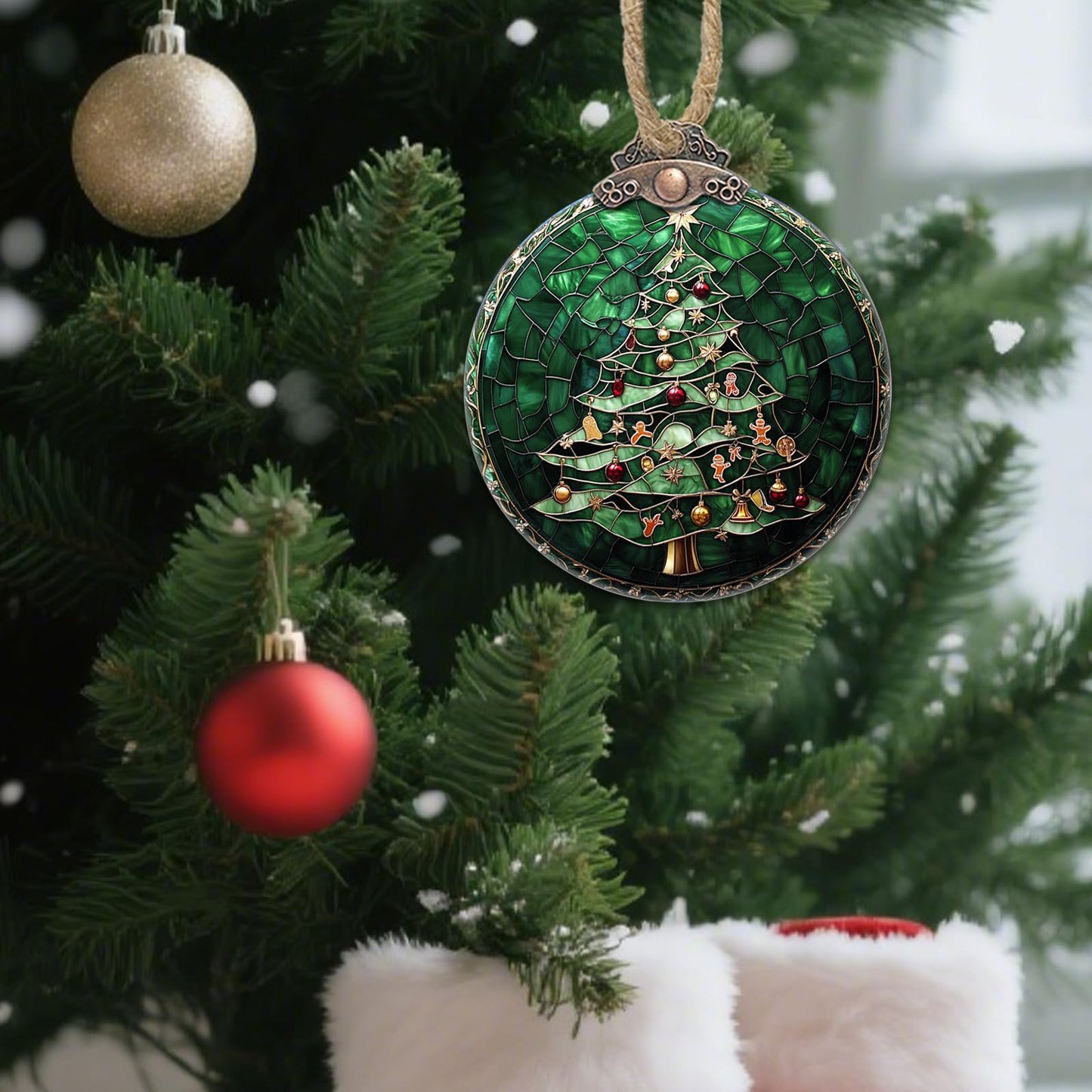 CRISGIF Stained Glass Christmas Decorations, Small Bell Pendant Suncatcher for Window Christmas Tree Hanging Ornaments Retro Green Sun Catcher Xmas Decor Gifts for Women Men Mom Nana Friend