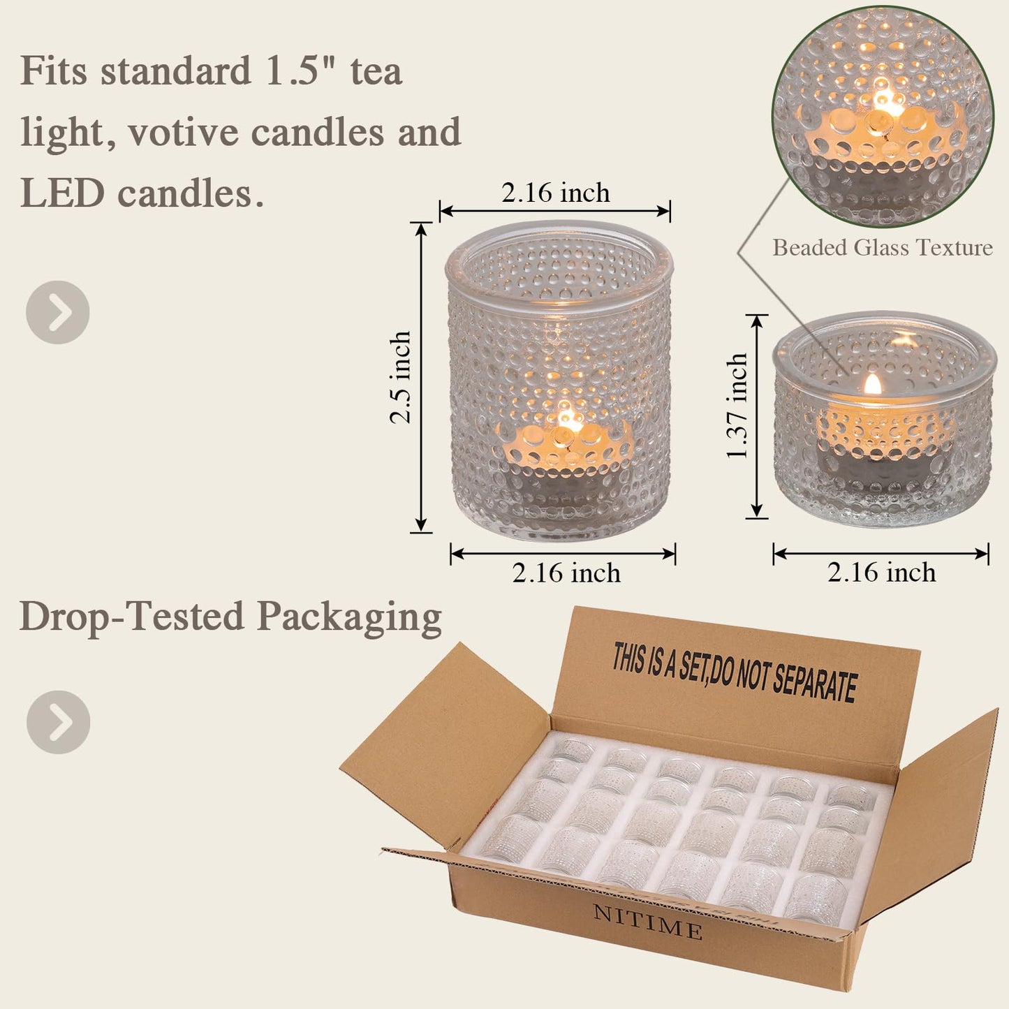 NITIME Glass Votive Candle Holders Set of 24, Assorted Heights Polka Dot Tea Light Holders for Wedding Centerpieces, Table Decor, Party & Home Decoration, Fits Standard Votives & Tea Lights