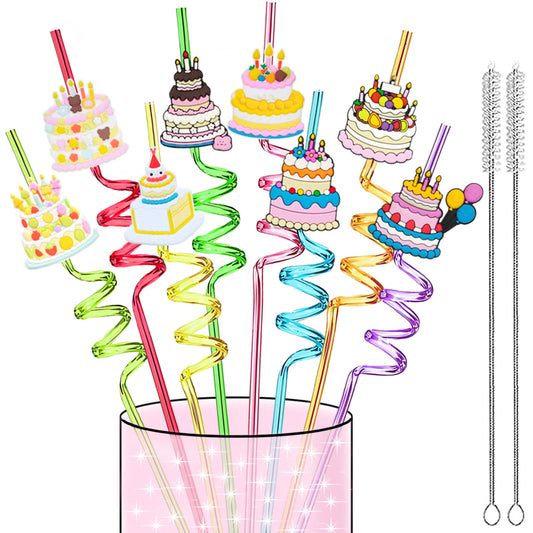 LEDUO 24Pcs Reusable Birthday Drinking Straws-Birthday Party Decorations Supplies Gift Favors -Swirly Straws for Kids-Glitter Cake Straw Drink Straw-Colorful Crazy Silly Plastic Straws+2 Clean Brushes