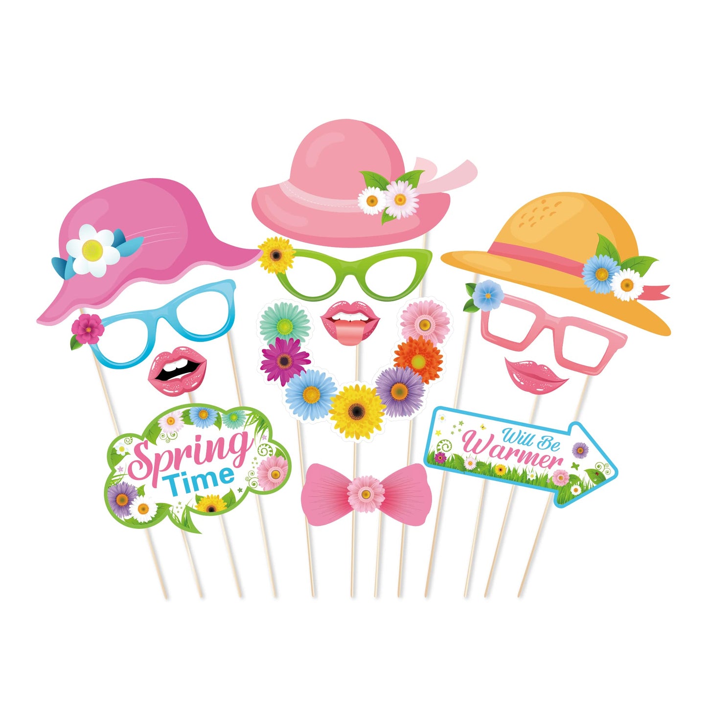 Spring Photo Booth Props with Sticks,Flowers Photo Booth Props,Spring Party Decorations (25CT)