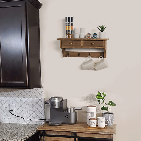 Emfogo Coat Hooks Mounted, Rustic Wood Coat Rack Mount Shelf with Hooks, Farmhouse Coat Rack with Shelf & Coat Hook for Entryway, Mudroom, Bedroom, Kitchen, Bathroom(Walnut)