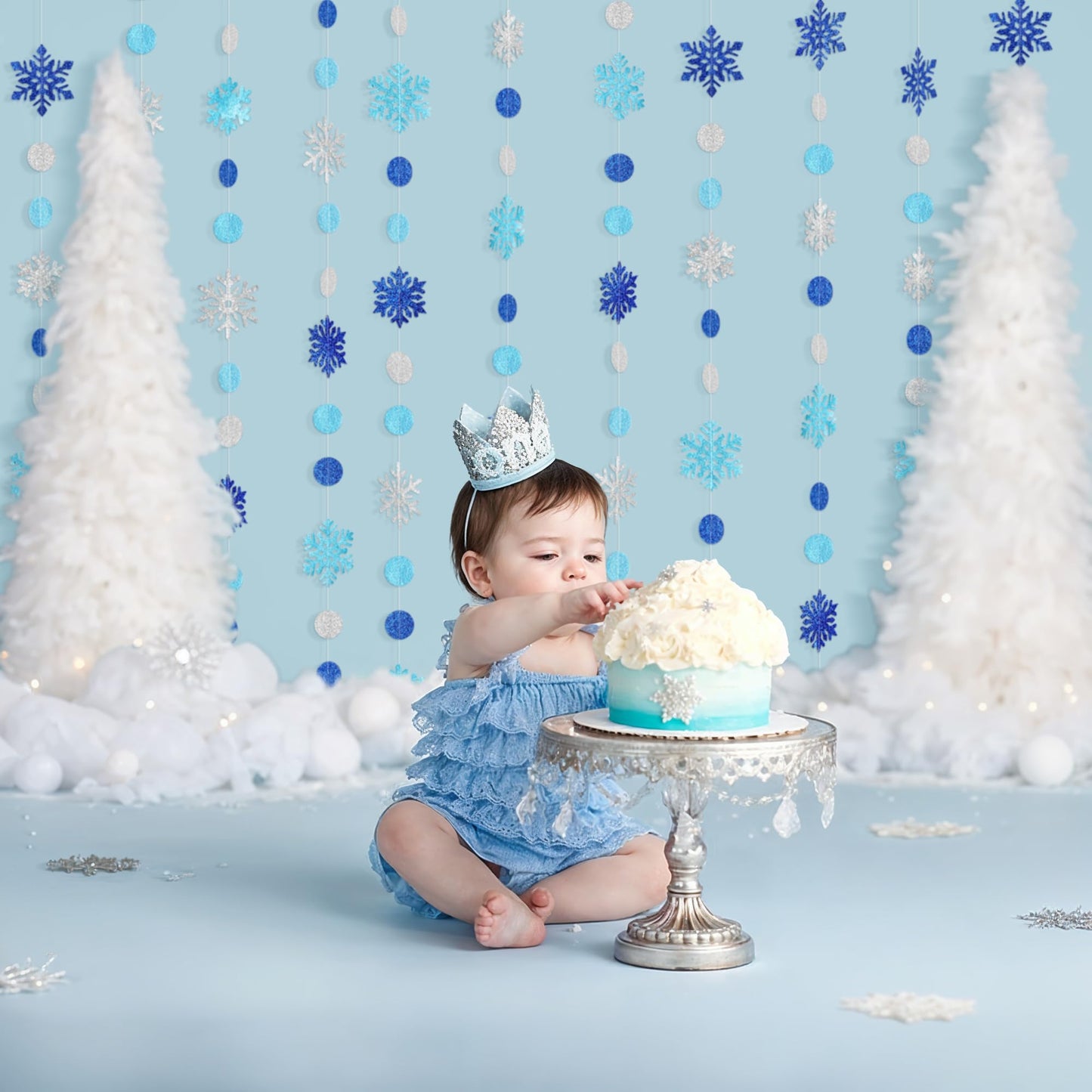 Kriyokiaa 8 PCS Blue Snowflake Garland Set, Double-Sided Glitter Winter Wonderland Hanging Decorations for Baby Shower, Birthday, Holiday Party Backdrop, Navy & Silver Paper Circle Snowflake Strings