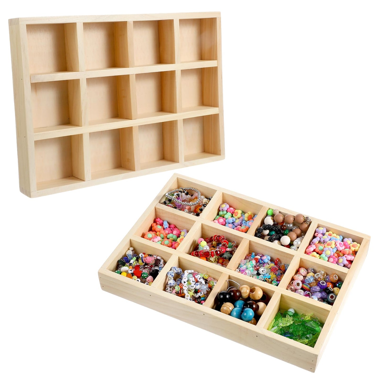 Douaowoc 2 Pack Wooden Sorting Tray Grid Display Wood Divided Organizer Rectangular Vanish Finished Section Box for Rings Earrings Necklaces Bracelets (12 Compartments, 12.9 x 9.1 x 1.55 Inch)