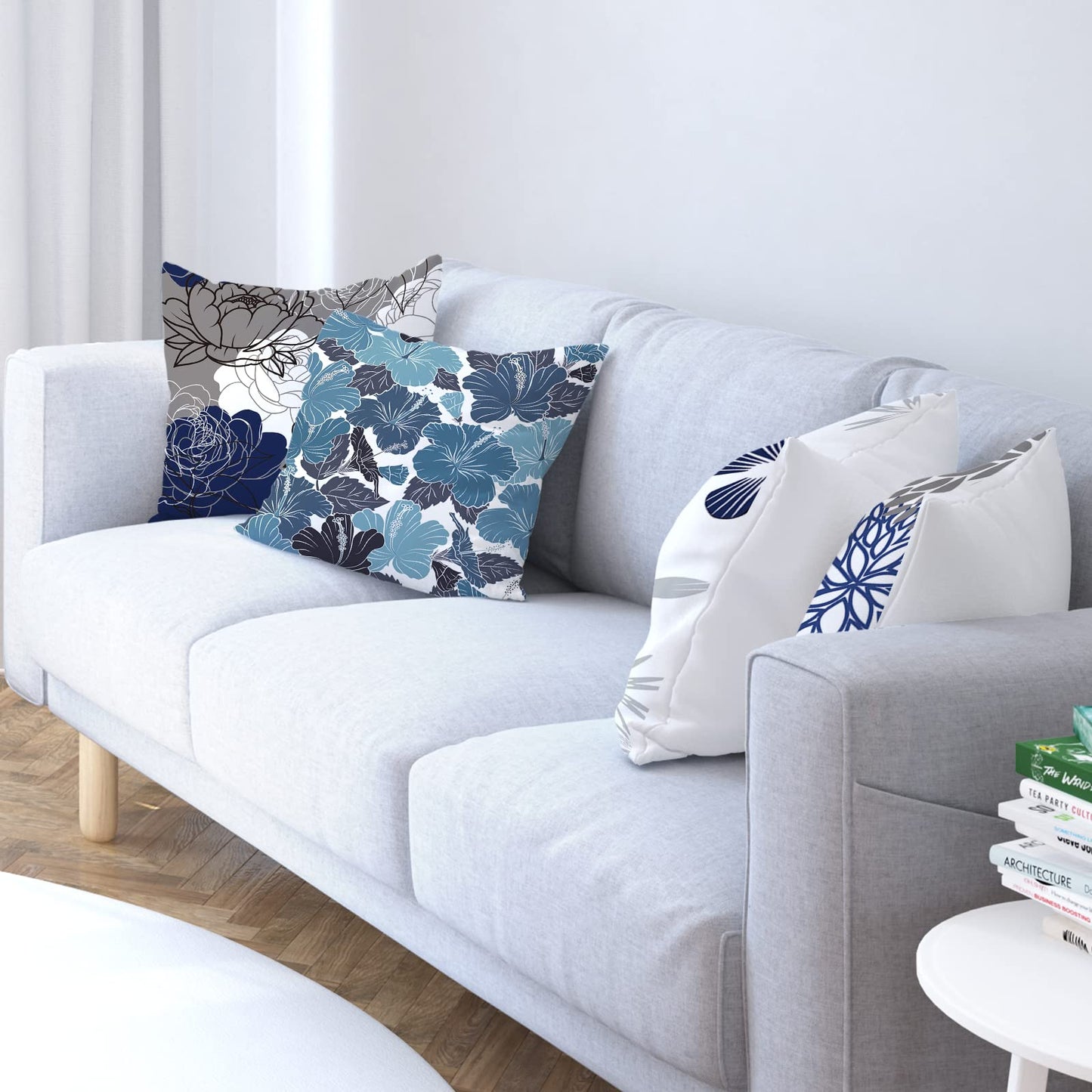 COMMINY Blue Grey Pillow Covers 18x18 Set of 6 Decorative Daisy Flower Throw Pillow Cover for Couch Modern Pillow Case for Patio Living Room Cushion Bed Farmhouse Home Decor