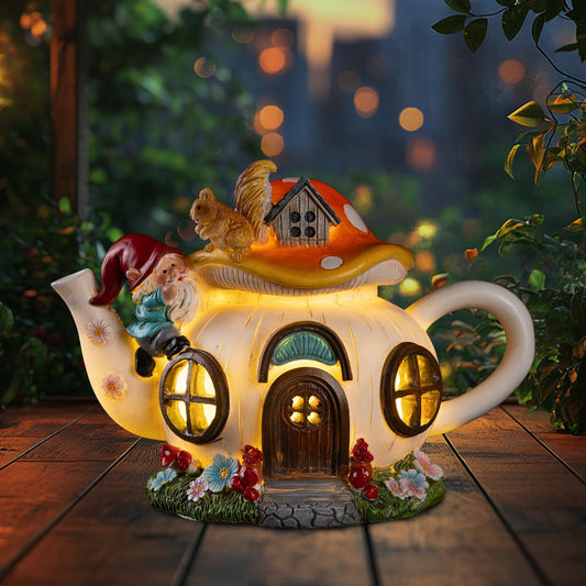 twinbling Solar Fairy House Garden Outdoor Statue with Gnome and Squirrel Figurine, Fairy Garden Accessories for Patio, Lawn, Yard & Balcony, Gifts for Mom Grandma