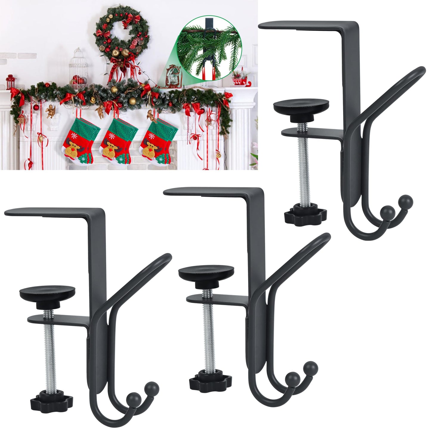Muximud Stocking and Garland Hangers for Mantle, 2 in 1 Adjustable Metal Garland Holder for Hanging Christmas Stocking, No Drill Mantle Hanger for Fireplace Holiday Decoration, Grey, 3 Pcs