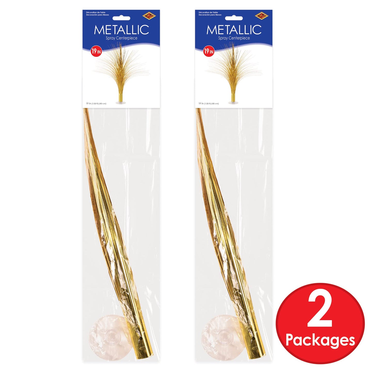 Beistle Metallic Spray Centerpieces - 2-Pack Elegant Gold Table Decorations with Clear Base, Shimmering Foil Sprays for New Year’s Eve, Hollywood Awards Night, Graduation and Celebration Events, 19”