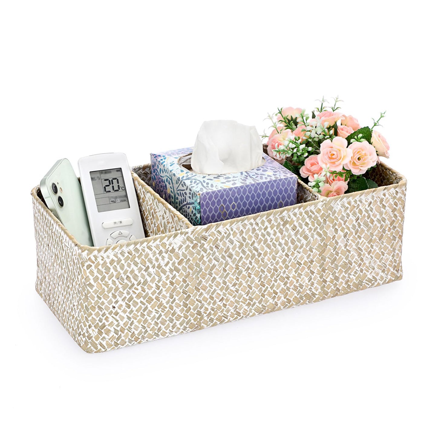 Hipiwe Seagrass Storage Basket Bin- 3 Sections Hand-Woven Toilet Basket Wicker Shelf Basket Bathroom Organizer Bins for Shelves, Kitchen, Pantry, Closets, Toilet Paper Tissue Organizer