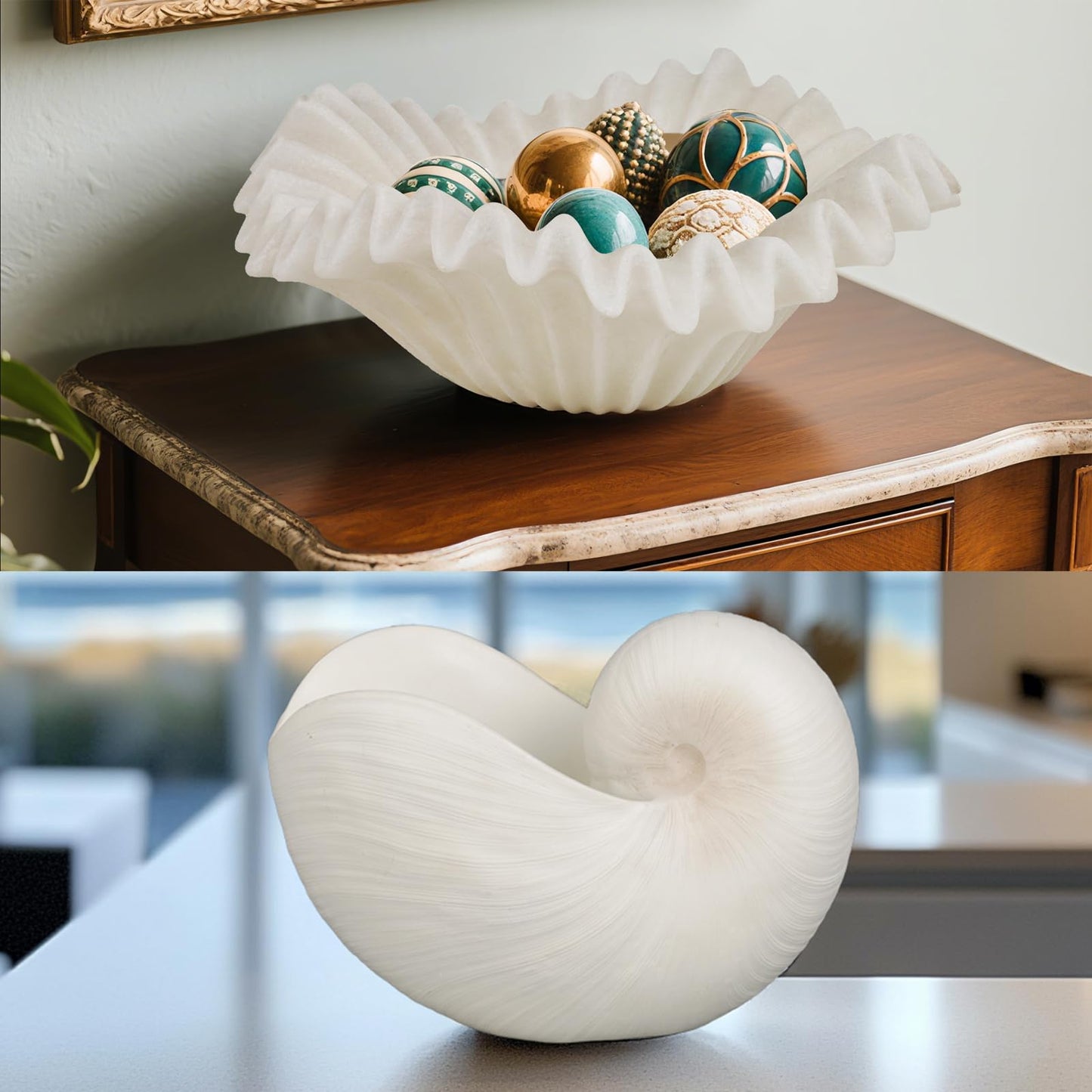 Braxio Coastal Home Decor Bundle - Seashell Planter Pot & Fluted Fruit Bowl Set - Resin Bathroom Shelf & Kitchen Counter Decor for Beach House, Wedding Gift (12.25" & 12" Sizes)