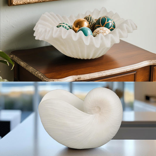 Braxio Coastal Home Decor Bundle - Seashell Planter Pot & Fluted Fruit Bowl Set - Resin Bathroom Shelf & Kitchen Counter Decor for Beach House, Wedding Gift (12.25" & 12" Sizes)