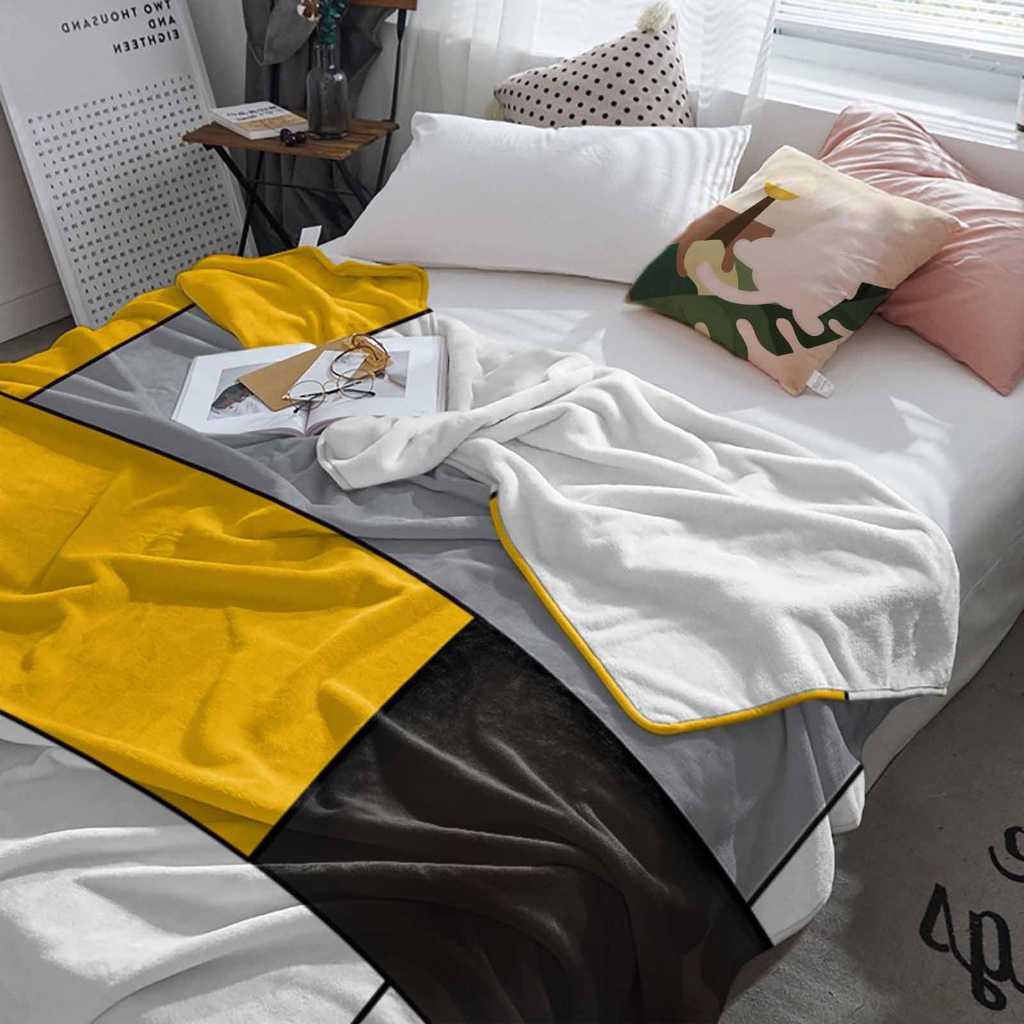 Flannel Throw Blanket Abstract Geometric Patchwork Art,Lightweight Soft Warm Fleece Blankets for Sofa Couch Bedroom,Yellow Black White Grey Cozy Fuzzy Microfiber Throws for All Seasons 30x40in
