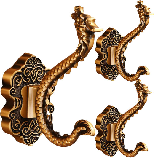Stylitzy 3 Pack Dragon Coat Hooks, Vintage Metal Wall Hooks with Double Heavy Duty Design, Aluminum Alloy Decorative Wall Mounted Dragon Hooks for Towels, Coats, Bags, Bathroom, Bedroom & Entryway