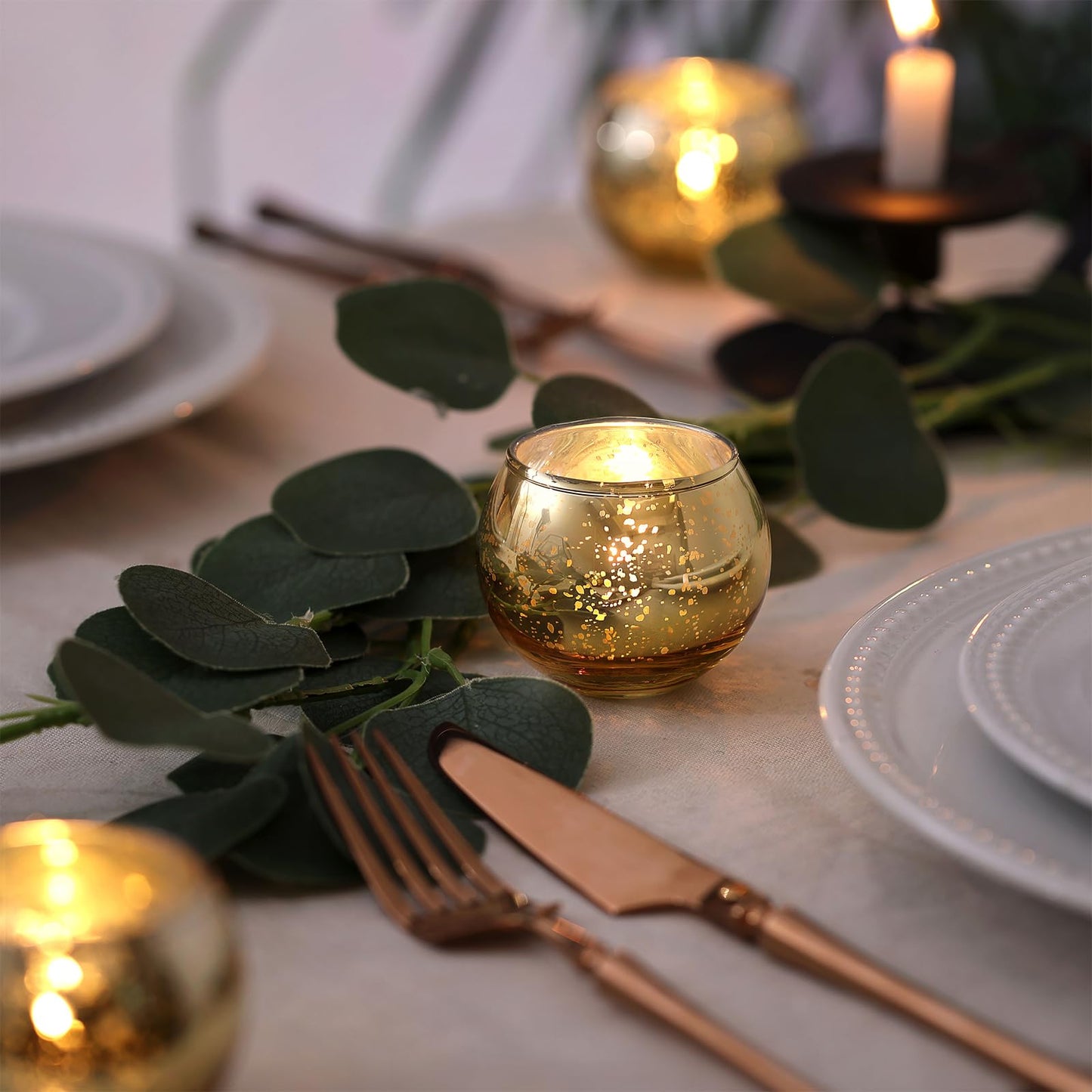 LAMORGIFT 12 Pcs Gold Votive Candle Holders- Gold centerpieces for Tables, Mercury Glass Votives for Wedding, Rehearsal Dinner, Engagement, Birthday Party Decorations