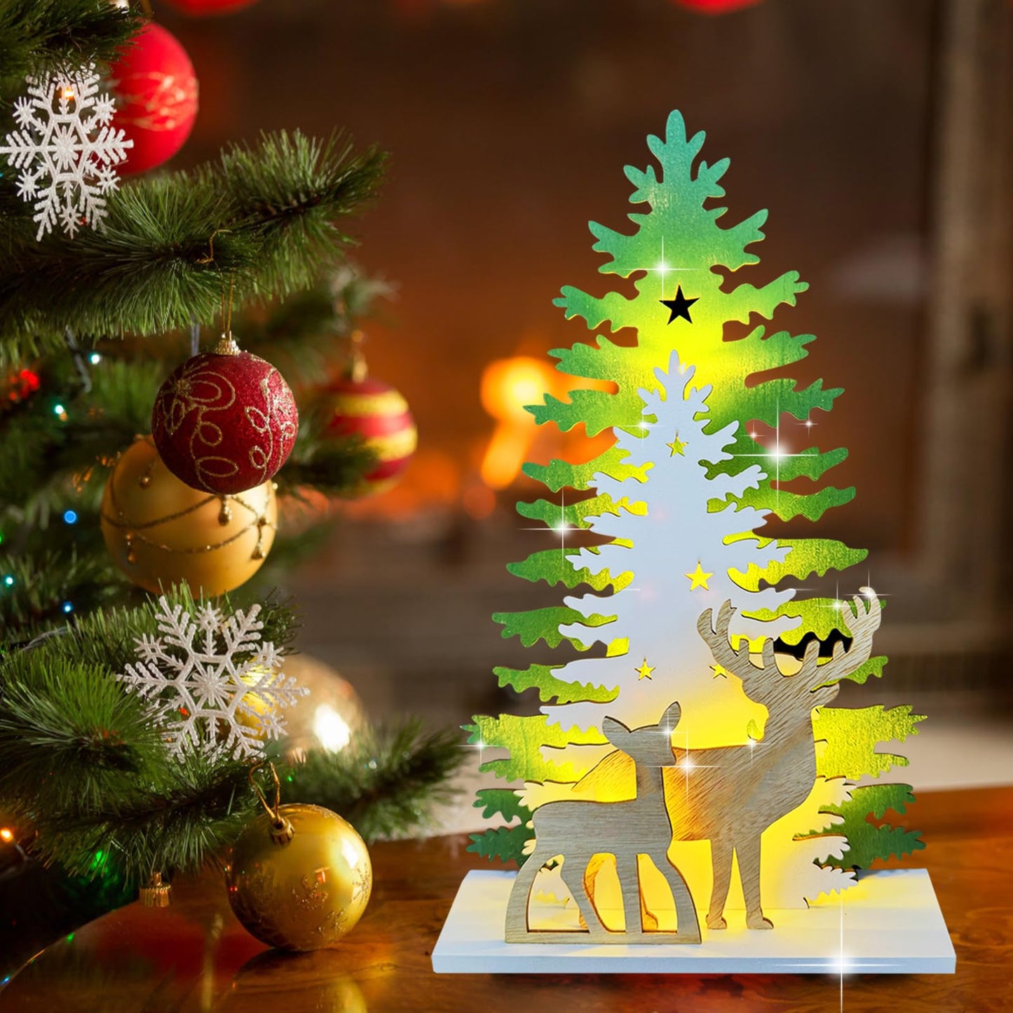 Lighted Christmas Tabletop Decorations,Supergorea,Wooden Christmas Tree and Deer Table Decor,LED Wood Craft Light 2AA Battery Powered 12.7 inch for Xmas Home Decoration(Indoor)