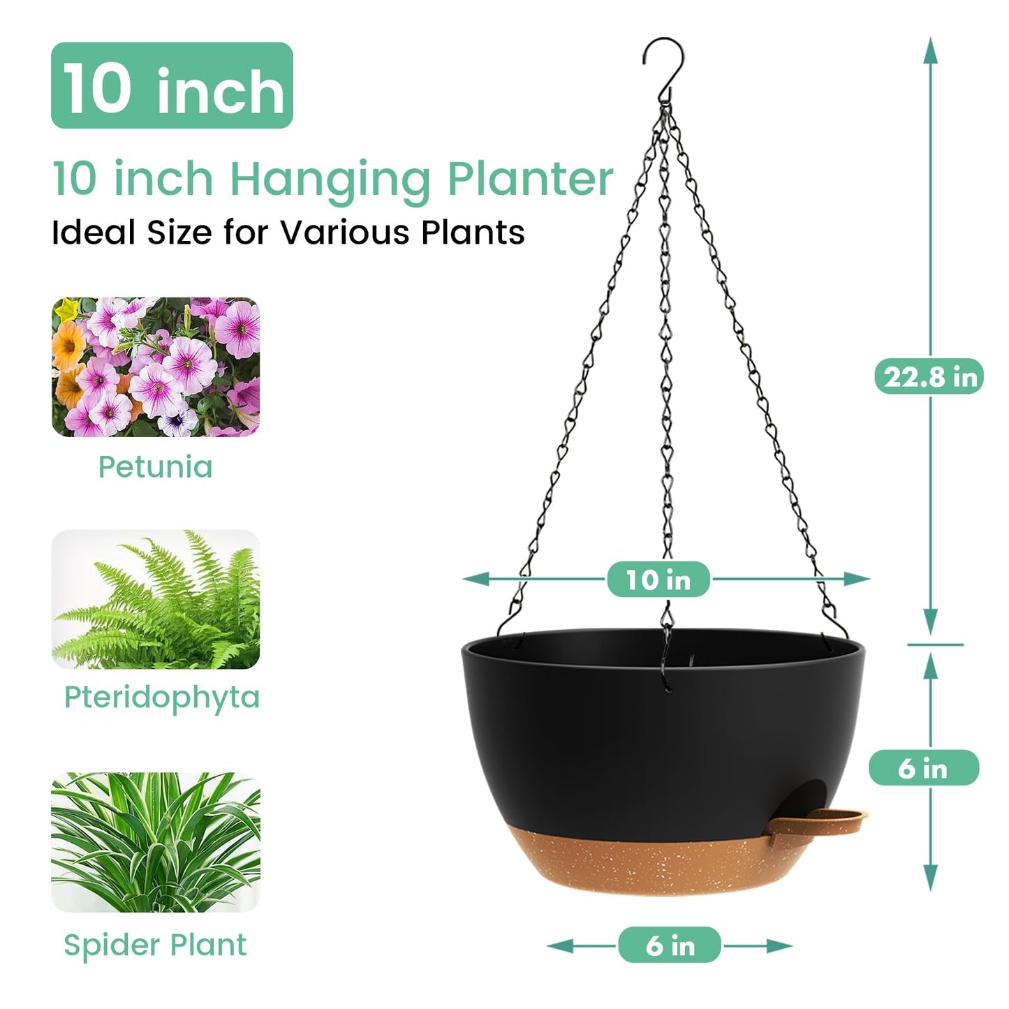 UOUZ Set of 3-10 Inch Self Watering Hanging Planters for Indoor Outdoor，Hanging Plant Pots with Drainage & Removable Tray, Hanging Pots Holder for Ivy, Pothos, Ferns, Balcony & Patio, Black with Brown