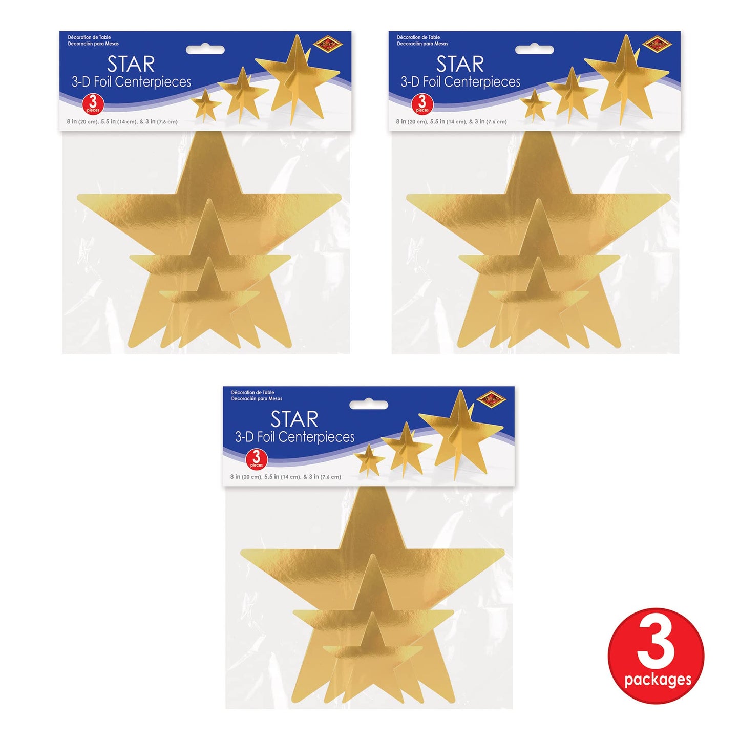 Beistle Gold 3-D Foil Star Centerpieces, 9-Count – Metallic Starry Table Decorations in 3 Sizes for New Year’s Eve, Awards Night, Graduation, Hollywood Party, Anniversary and Celebration Events