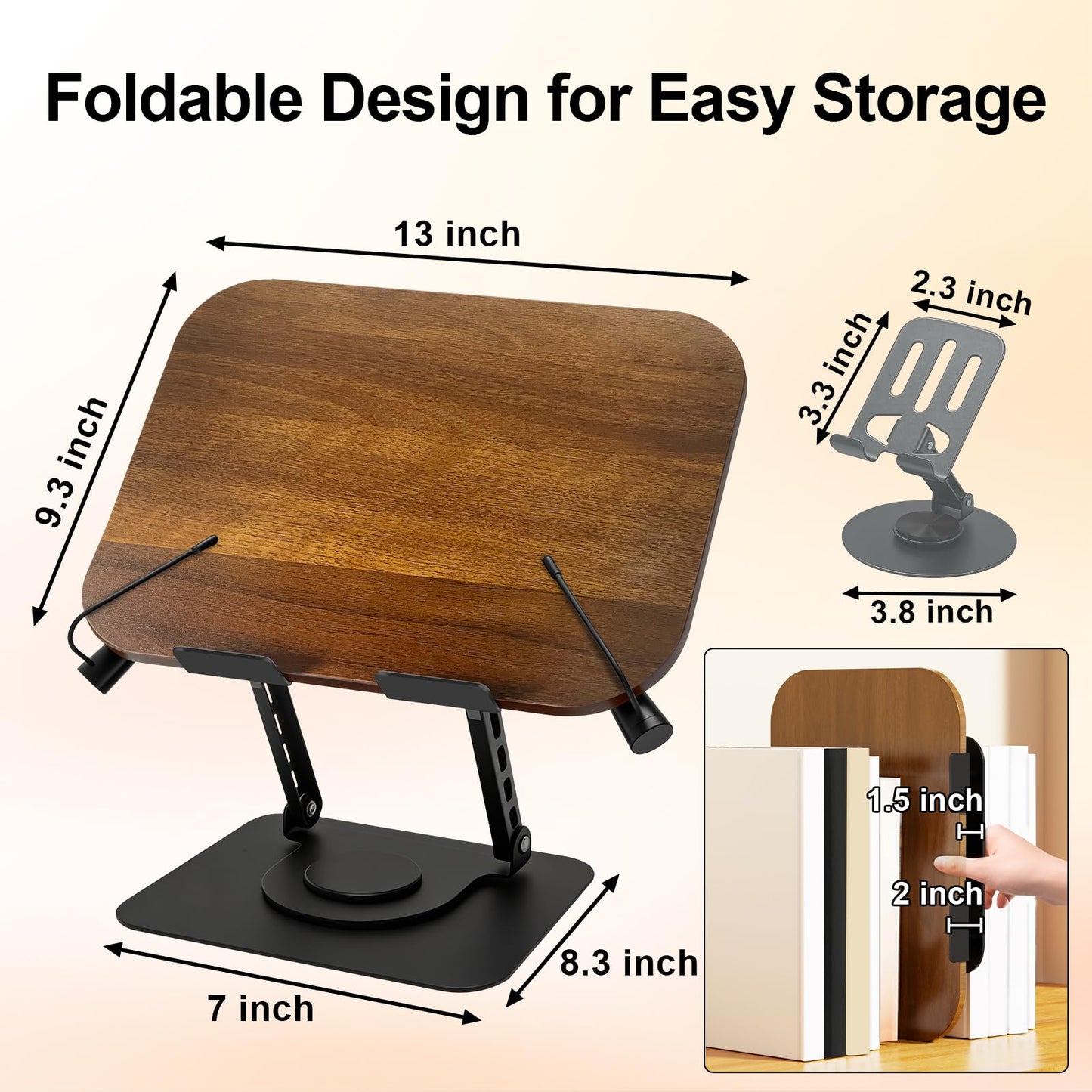 Diesisa Book Stand for Reading: Wooden Book Holder with 360° Rotating Metal Base - Adjustable Book Holder Stand with Elastic Clips for Cookbook, Recipe, Magazine, Laptop,Tablet, for Kitchen, Office