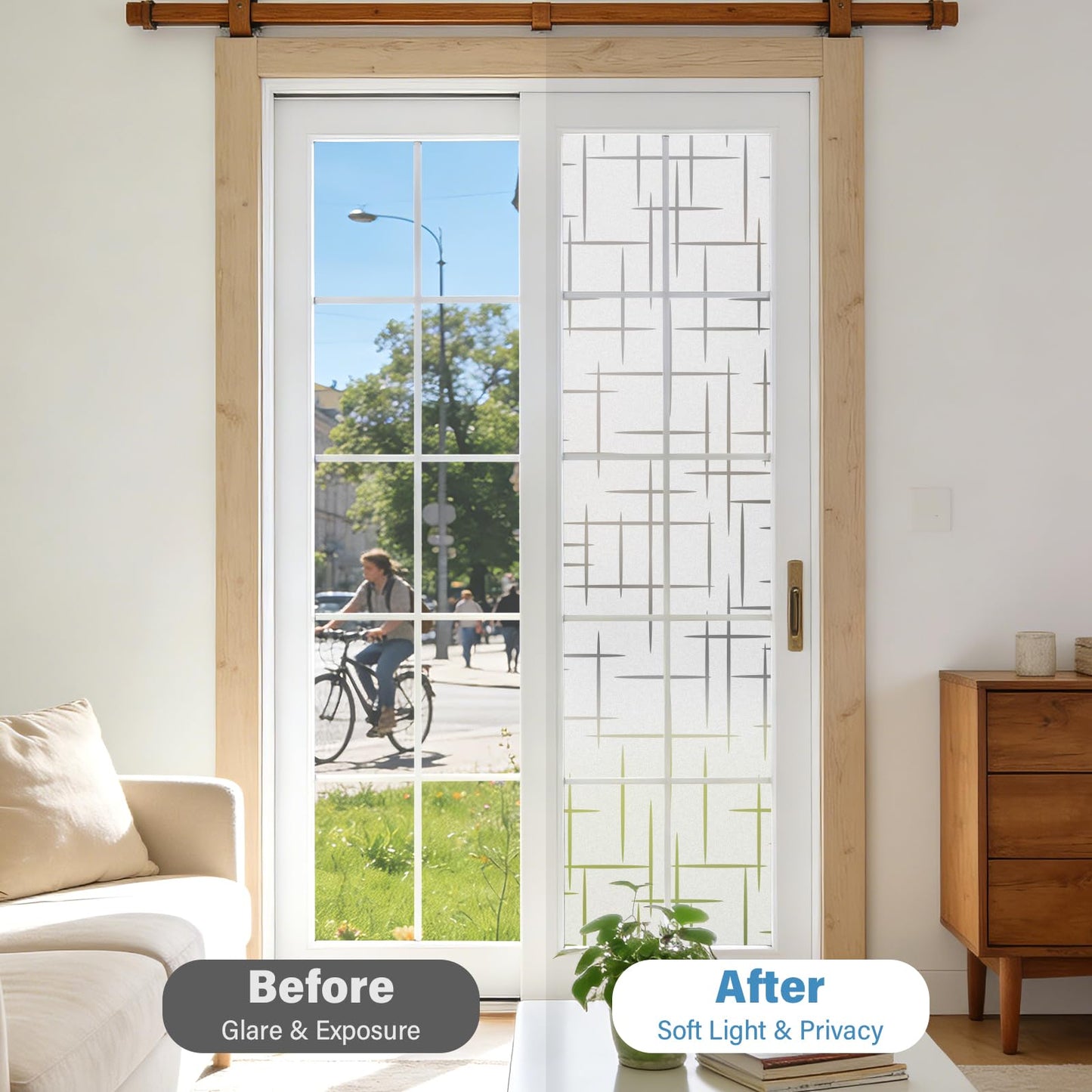 Finnez Frosted Window Film Non-Adhesive, Frosting Privacy Film for Glass Windows, Self Static-Cling Decorative Window Cling for Home Office UV Protection Cross Pattern 17.5 x 78.7 inches