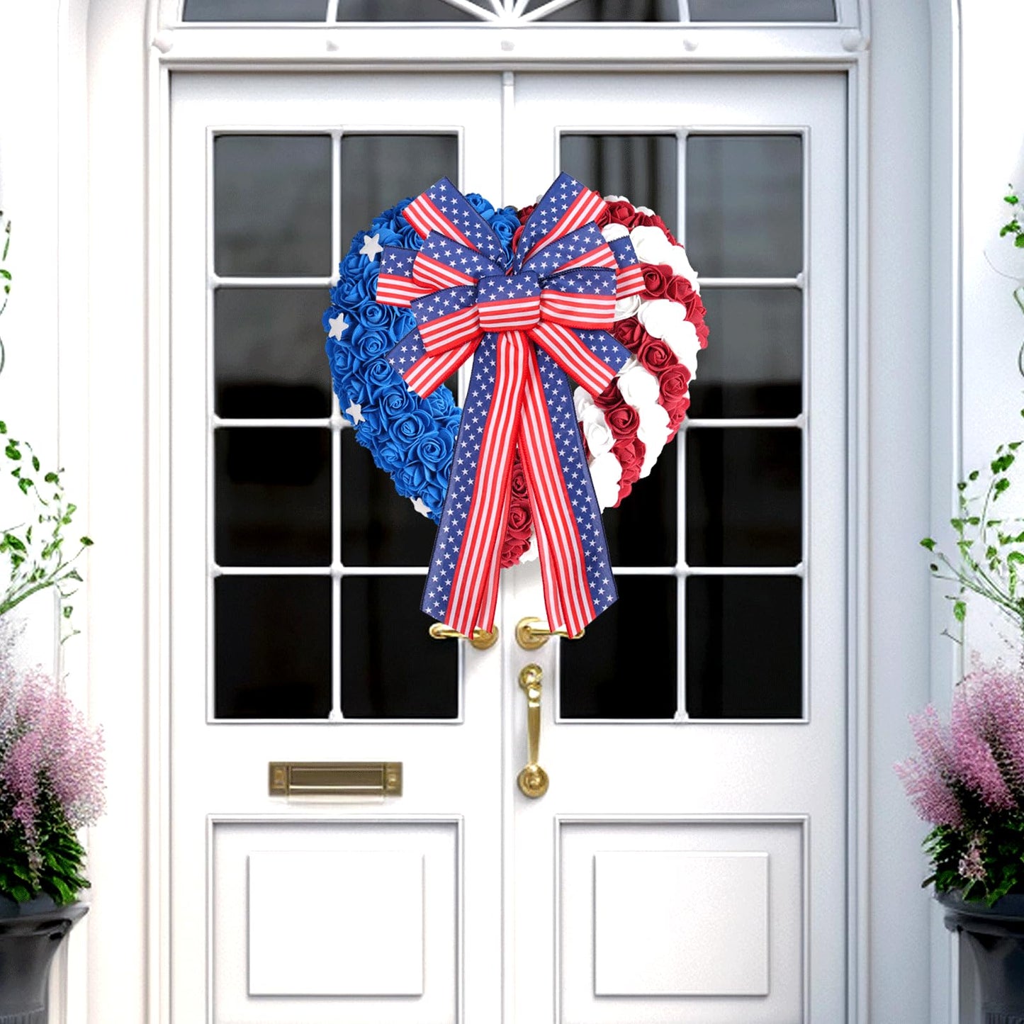 EVRWO 2 PCS Large Patriotic Wreath Bows Star and Stripe America Flag Bow 4th of July Red Blue Burlap Bow for Veteran's Day Independence Day Memorial Day Front Door Holiday Party Home Decor 20 * 12"