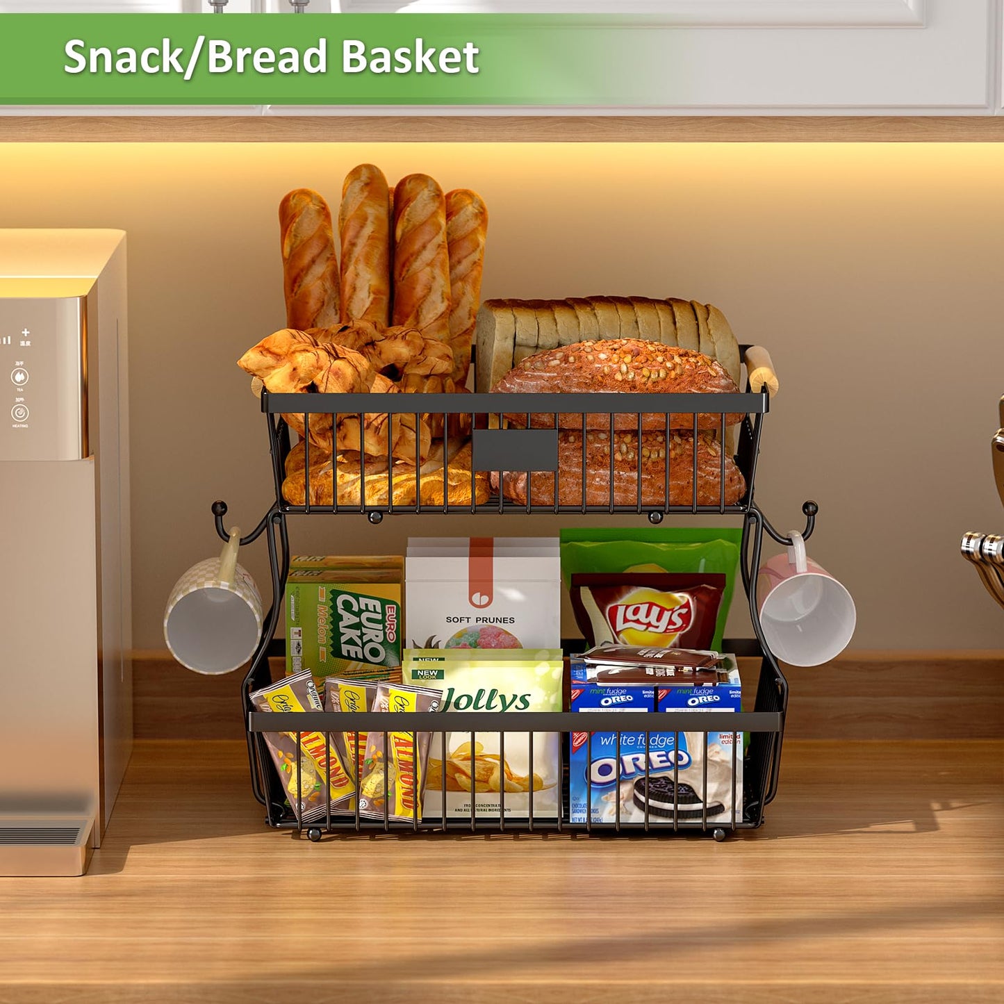 Astrorhine 2 Tier Fruit Basket for Kitchen Counter with 2 Banana Hangers, Countertop Metal Bread Basket with Wooden Handle, Large Storage Stand for Vegetables, Snacks, Eggs, Produce Storage – Black