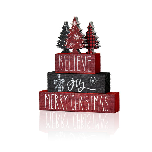 Smile 4 Pcs Merry Christmas Signs, Wooden Tabletop Decor, Believe Joy Xmas Trees, Ornaments for Home Shelf Mantel Fireplace.