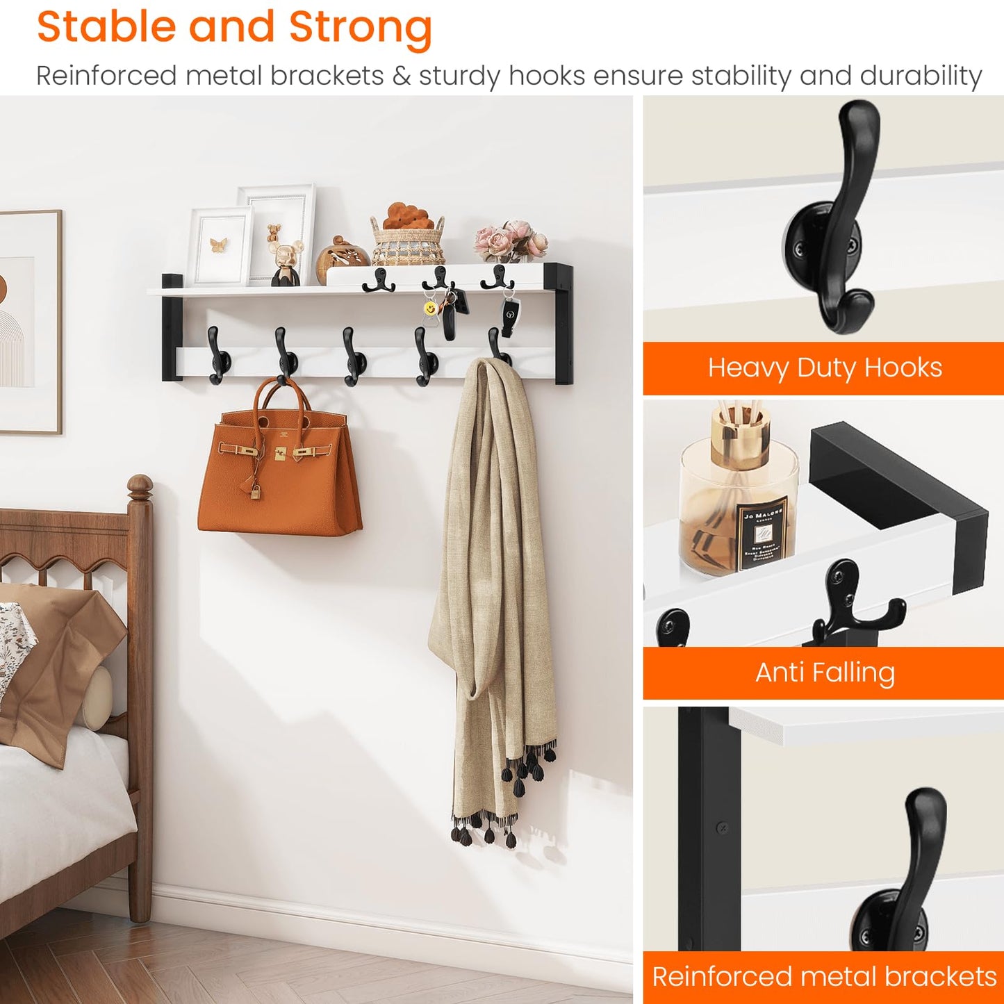 Homode Coat Rack Wall Mount, 29" Modern Floating Shelf with Key and Mail Holder, Wooden Entryway Hanging Shelf with Hooks and Storage for Hat Towel Jacket Purse Backpack Dog Leash, White