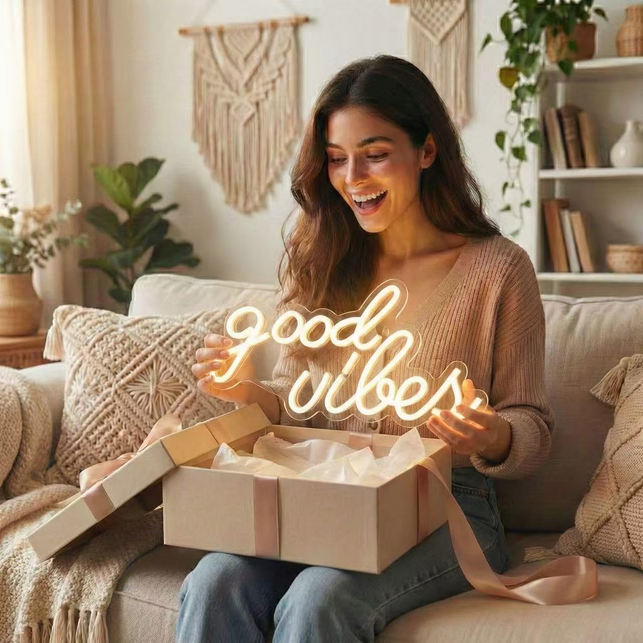 DECANIT Good Vibes Neon Sign Warm White, Boho LED Light for Wall Decor, Living Room, Wedding, Engagement Party, USB Powered 3D Art Holiday Gift, 16.1x8.3 Inch