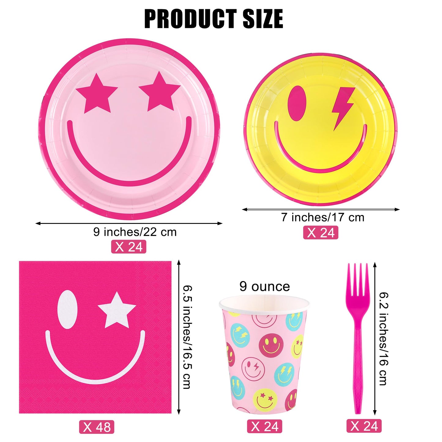 Kochorie 144 Pieces Preppy Smile Party Tableware Sets Including Disposable Plates Napkins Cups Forks Serves 24 for Smile Face Party Birthday Baby Shower Decor Party Supplies