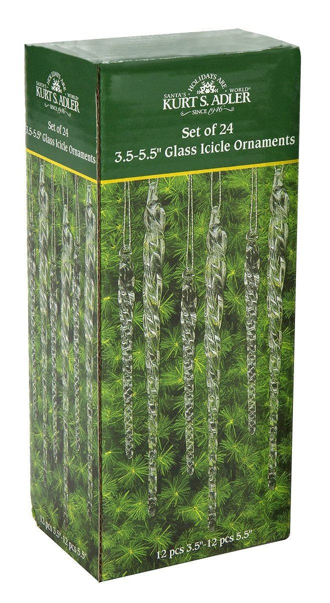 Kurt Adler 3.5-5.5 Inch Clear Glass Icicle Ornament Set of 24 Pieces