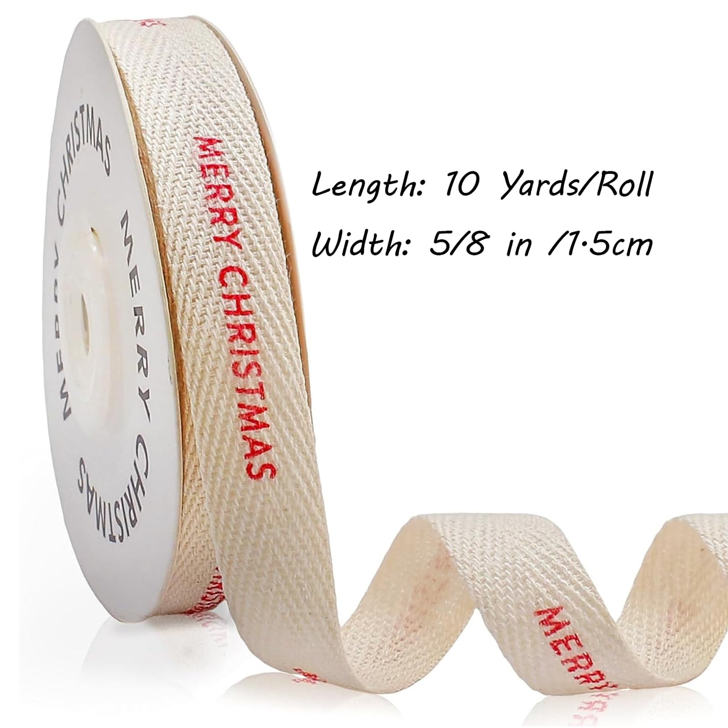 FQTANJU Merry Christmas Cotton Ribbon 5/8 Inch x 10 Yards Natural Twill Tape Herringbone Cotton Crafts Gift Wrapping Ribbon for Crafts Supplies Holiday Party Gifts Wrapping Xmas Ribbons