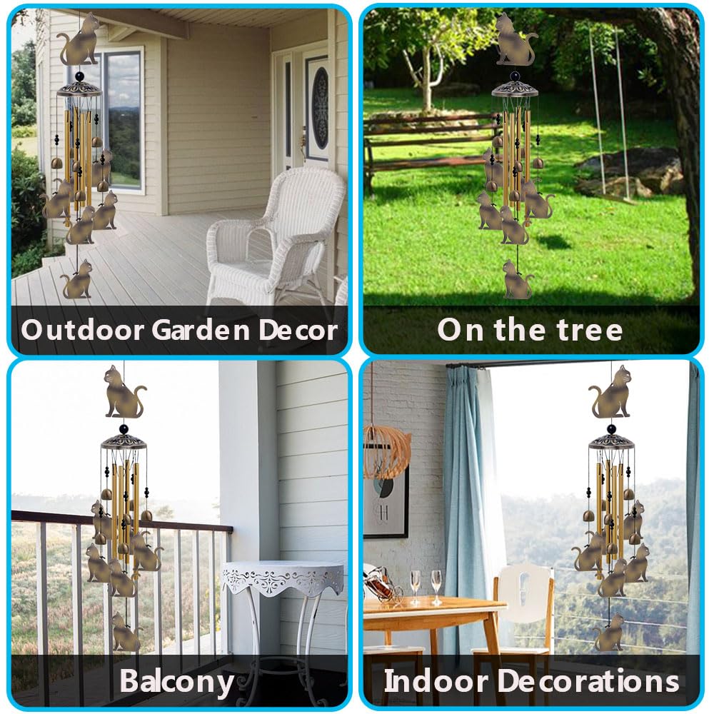 Garden Cat Wind Chimes Outdoor Indoor Decor - with 4 Tubes 7 Cats Wind Chime, Mobile Romantic Cats Wind Catcher, Bronze Cats Wind Bells for Home, Mom Gifts, Balcony, Tree, Festival, Garden Decoration