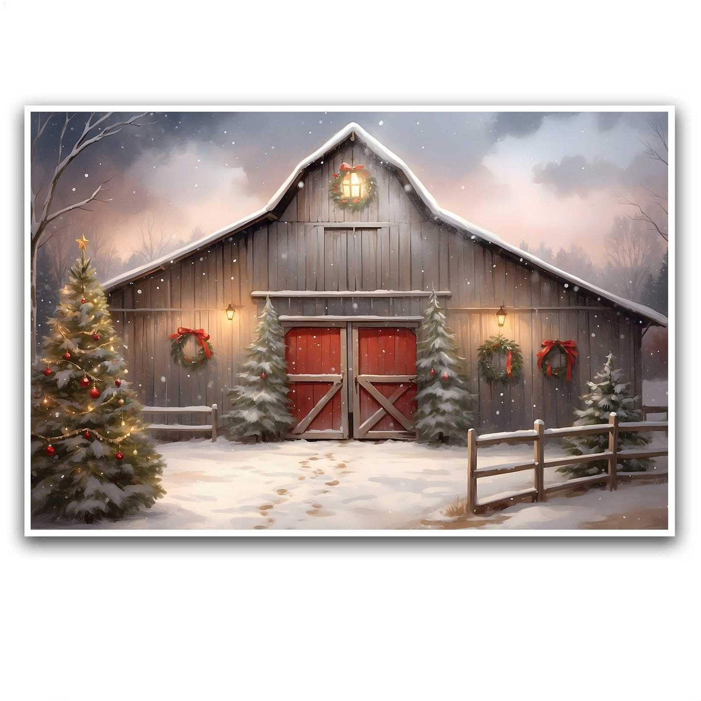 Canvas Wall Art Christmas Tree Farm Wall Art Winter Barn Print Snowy Barn Painting Rustic Farm Picture Farmhouse Winter Print 12x18in-UnFramed